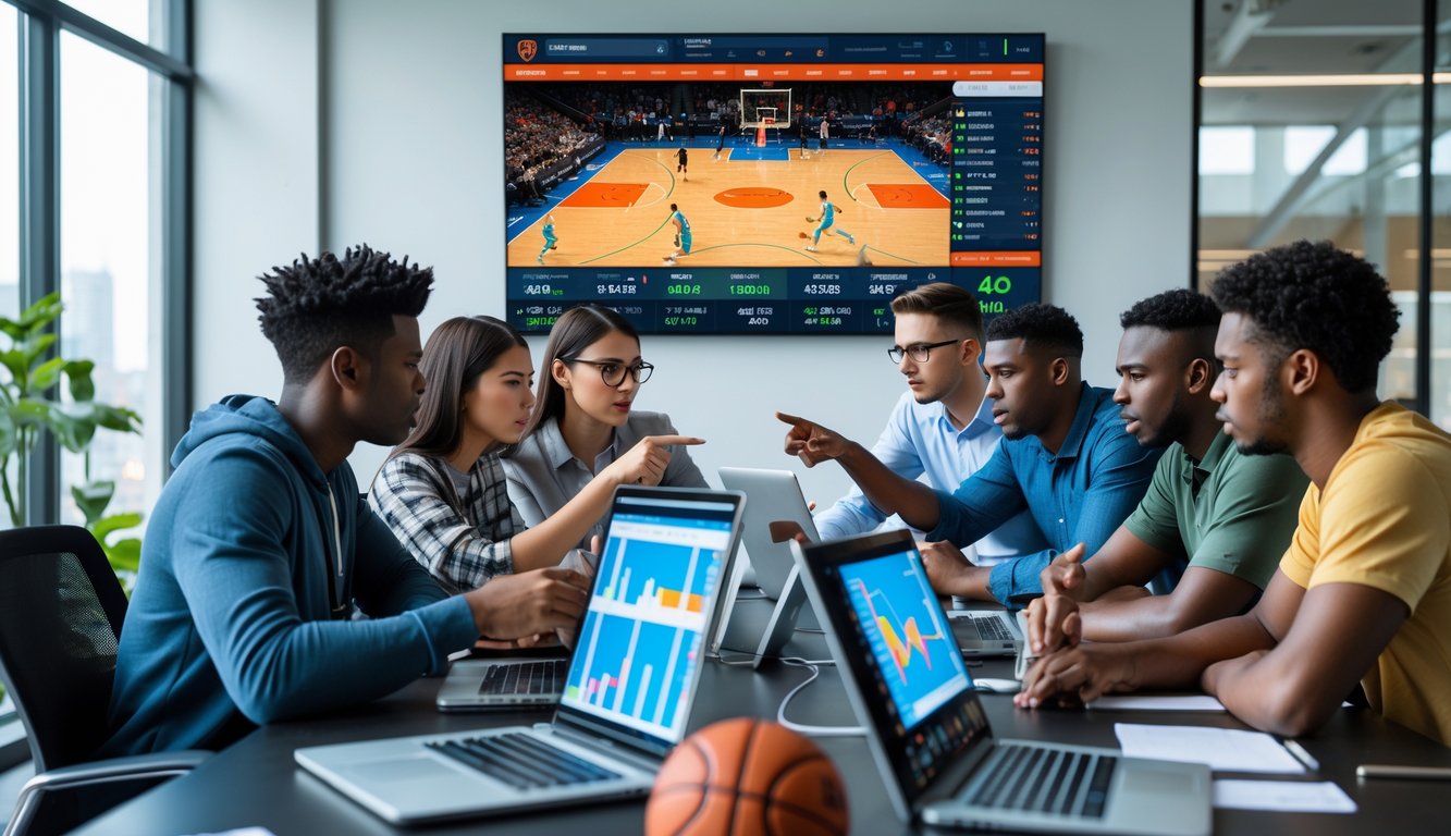 Sekelompok orang muda sedang berdiskusi di ruang kantor dengan layar besar menampilkan pertandingan bola basket dan data taruhan.