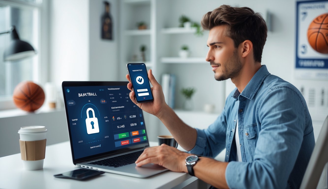 Seorang dewasa muda menggunakan laptop dan ponsel di ruang kerja rumah yang terang dengan elemen bertema bola basket di latar belakang.