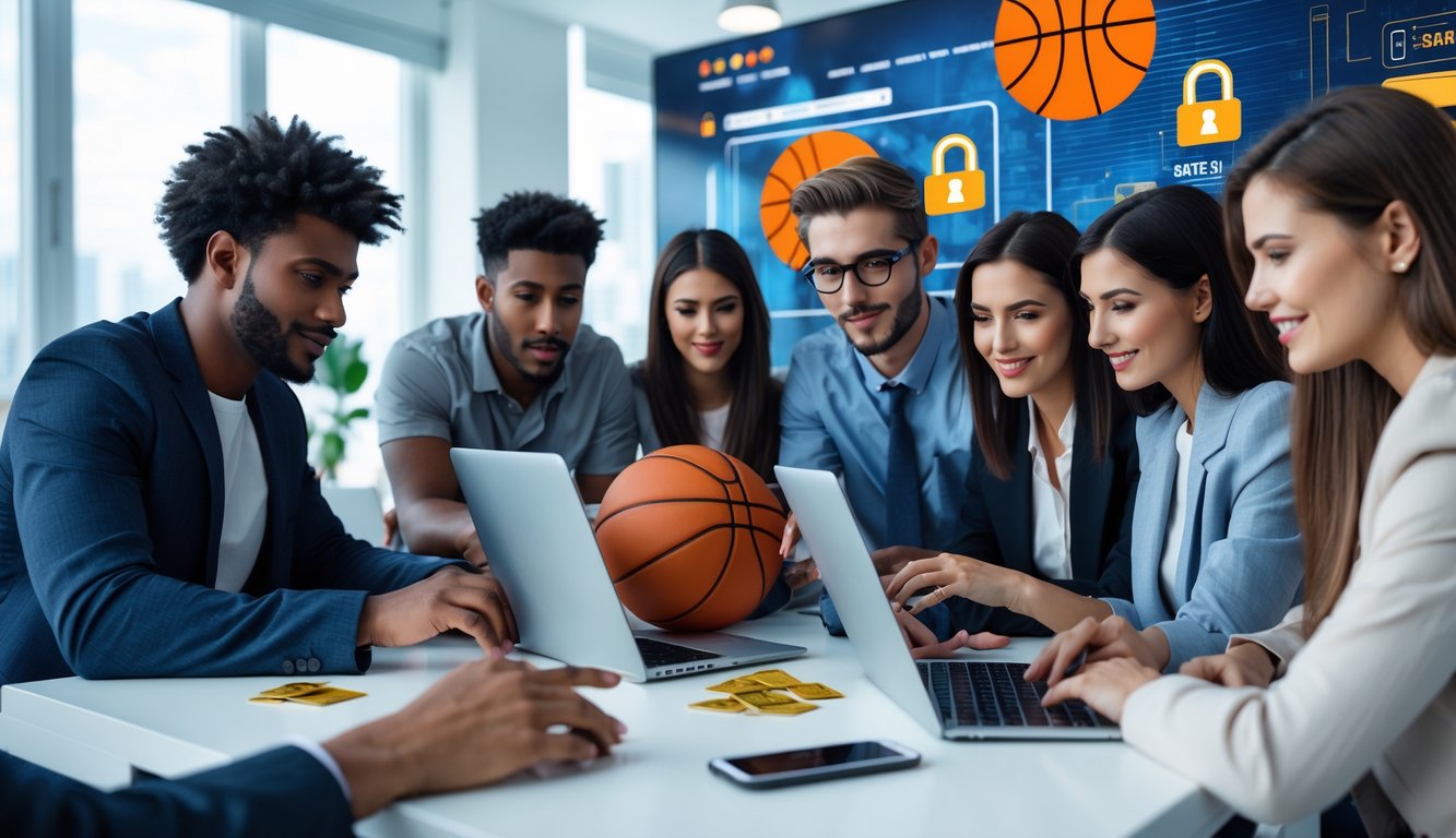 Sekelompok orang muda menggunakan laptop dan ponsel di ruang kantor yang terang, menunjukkan transaksi judi basket online yang aman dan mudah.