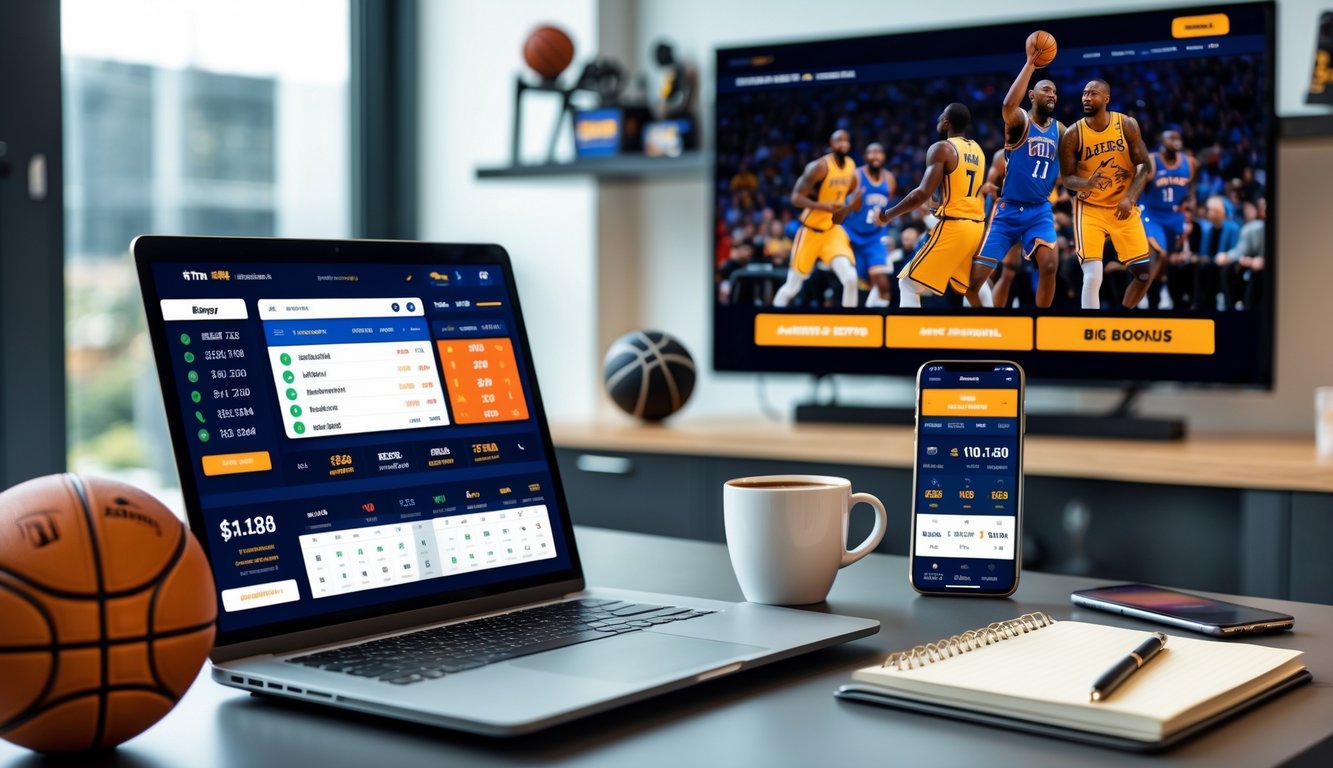 Seorang pria duduk di meja dengan laptop dan ponsel yang menampilkan aplikasi taruhan bola basket, di latar belakang televisi menayangkan pertandingan bola basket.