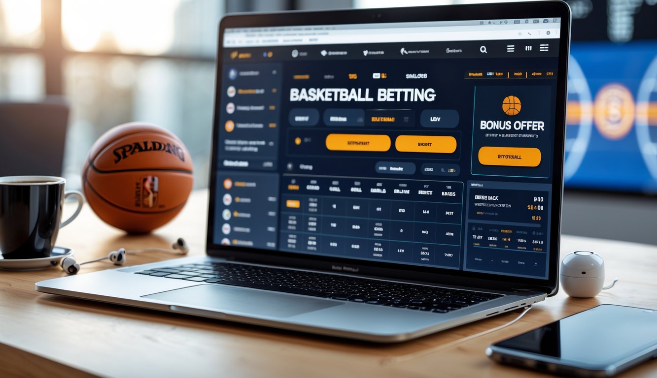Seorang pria menggunakan laptop dan ponsel untuk memasang taruhan bola basket online dengan latar belakang meja kerja yang rapi dan bola basket kecil.