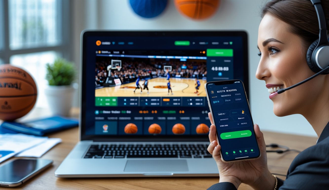 Seorang perwakilan layanan pelanggan dengan headset di meja kerja modern, laptop menampilkan pertandingan basket, dan ponsel menunjukkan aplikasi taruhan online.