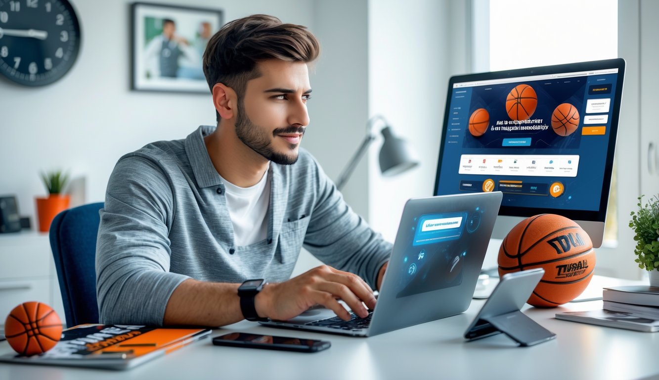 Seorang pria duduk di meja dengan laptop dan ponsel, fokus pada layar yang menampilkan situs taruhan bola basket dengan konfirmasi pembayaran online yang cepat.