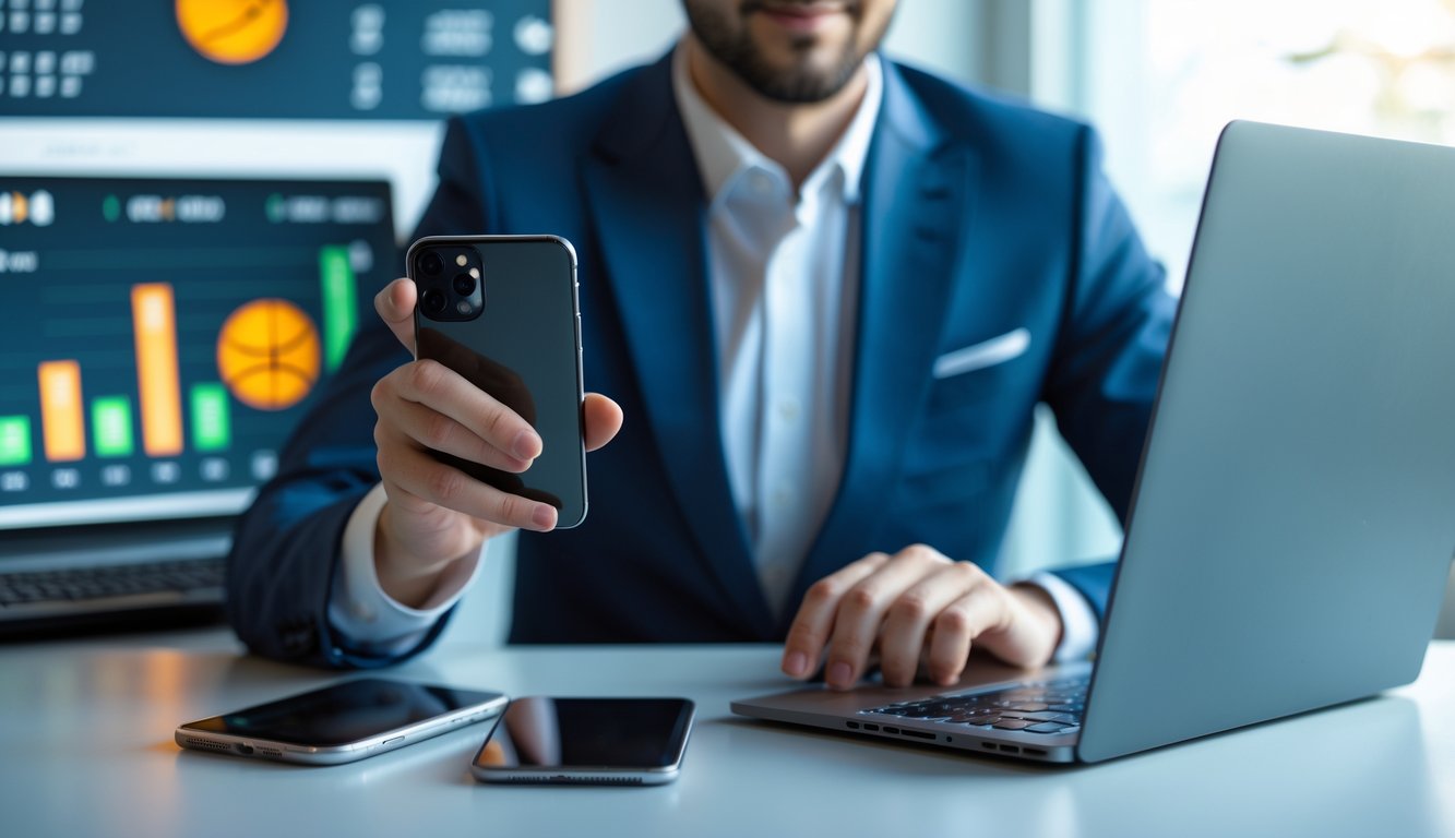 Seseorang yang percaya diri menggunakan laptop dan ponsel di meja kerja modern dengan latar belakang grafik keuangan dan elemen bola basket.
