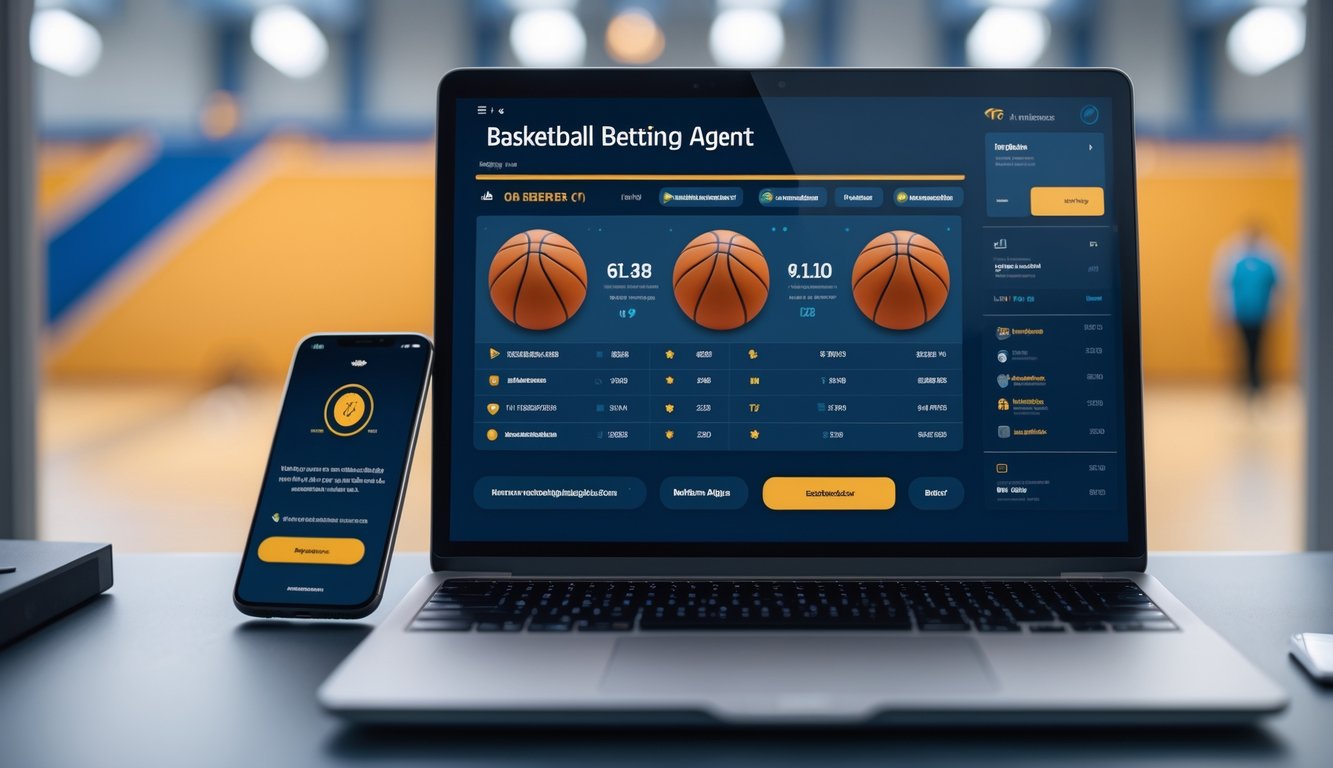 Seorang pria menggunakan laptop dan ponsel di meja kerja dengan latar belakang lapangan basket yang kabur.