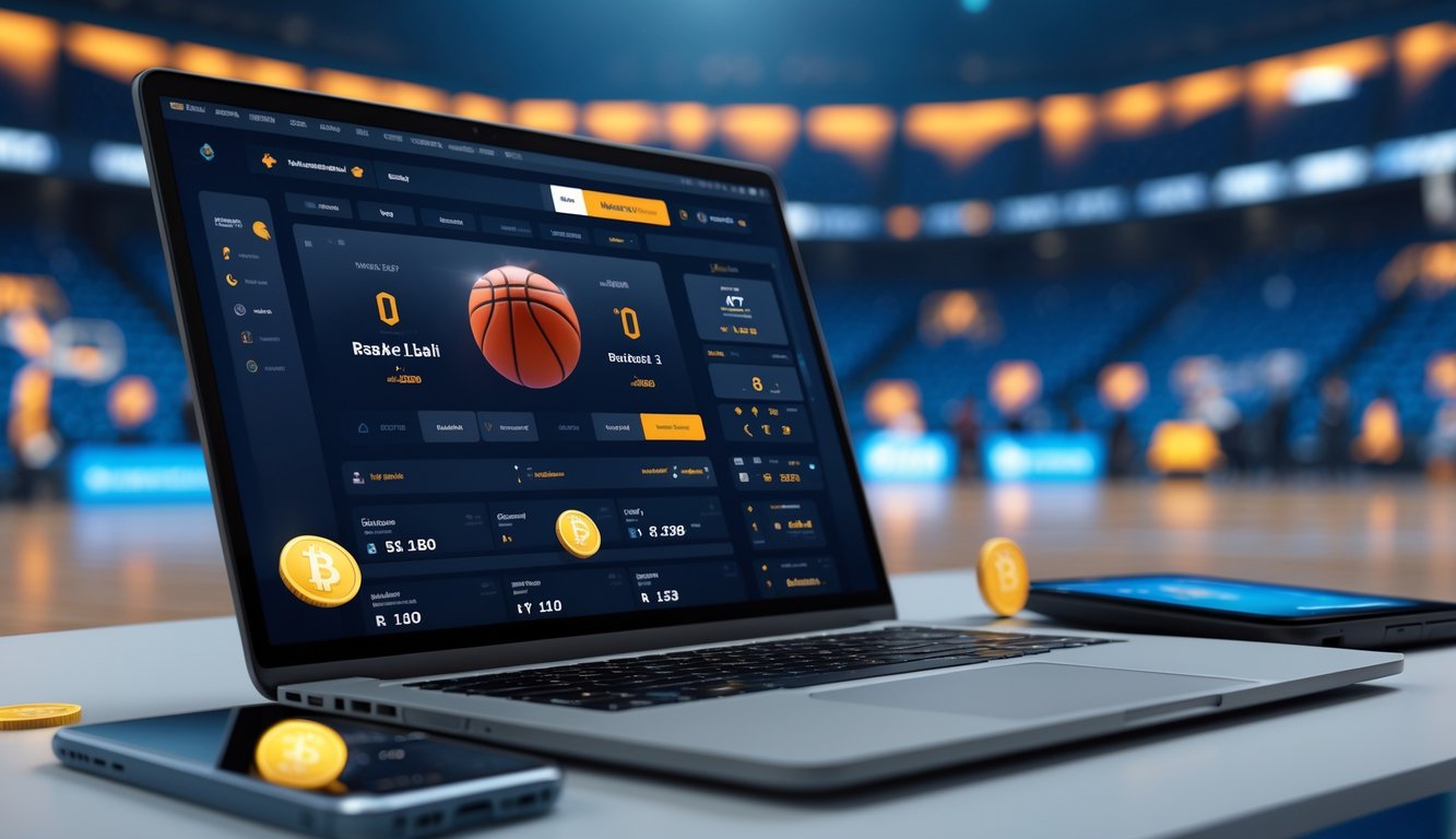 Seorang pria menggunakan laptop dan ponsel dengan layar menampilkan statistik pertandingan bola basket di sebuah meja yang rapi, dengan latar belakang lapangan bola basket yang samar.