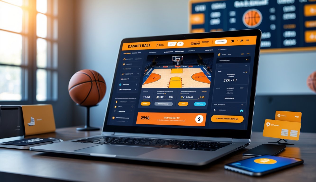 Seorang pria menggunakan laptop dengan tampilan situs judi bola basket online, di meja terdapat ponsel dan kartu pembayaran, dengan dekorasi bertema bola basket di latar belakang.