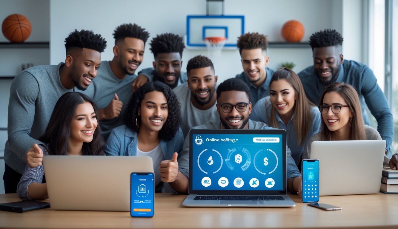 Sekelompok orang muda sedang menggunakan laptop dan ponsel untuk taruhan basket online di ruang kerja yang rapi dan terang.