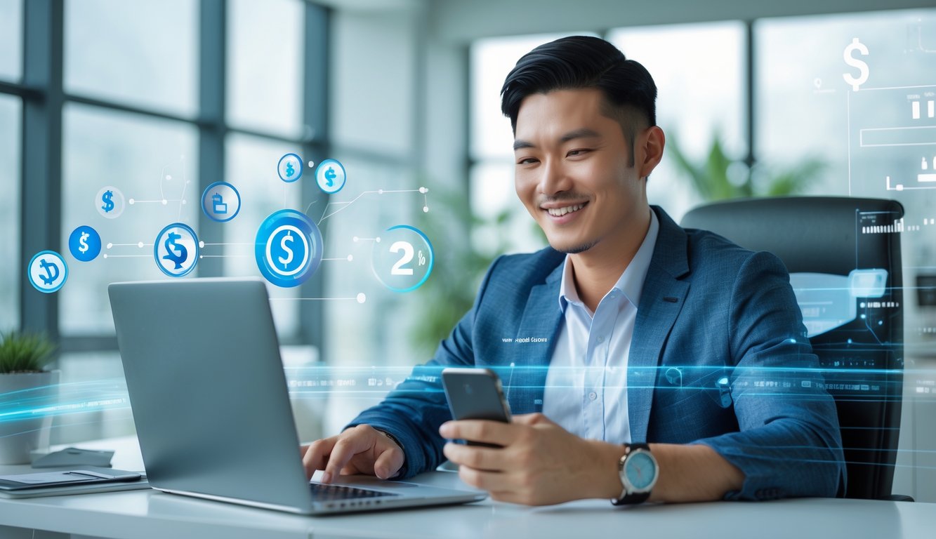 Seorang pria Asia Tenggara bekerja dengan laptop dan ponsel di kantor modern, menunjukkan layanan pembayaran online cepat dan terpercaya.