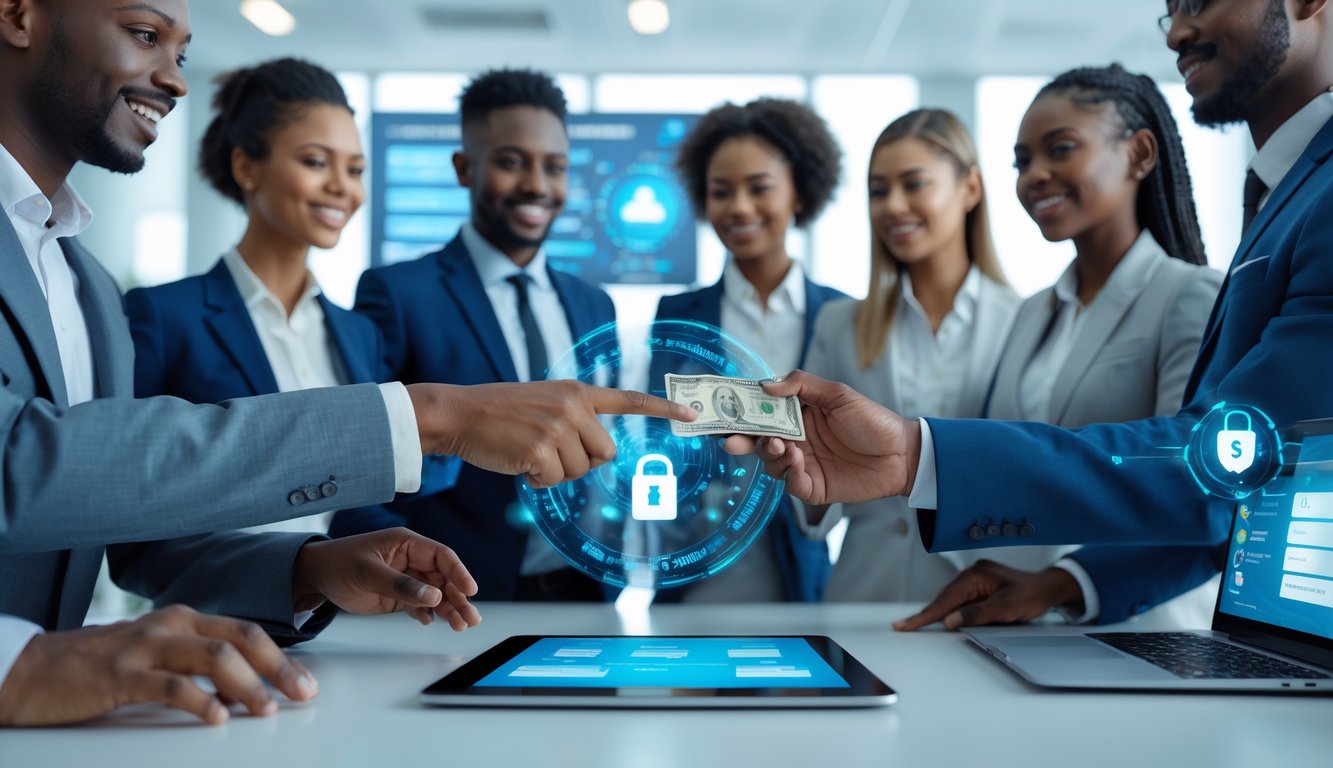 Sekelompok profesional bisnis sedang melakukan transaksi pembayaran online yang aman dan terpercaya di kantor modern.