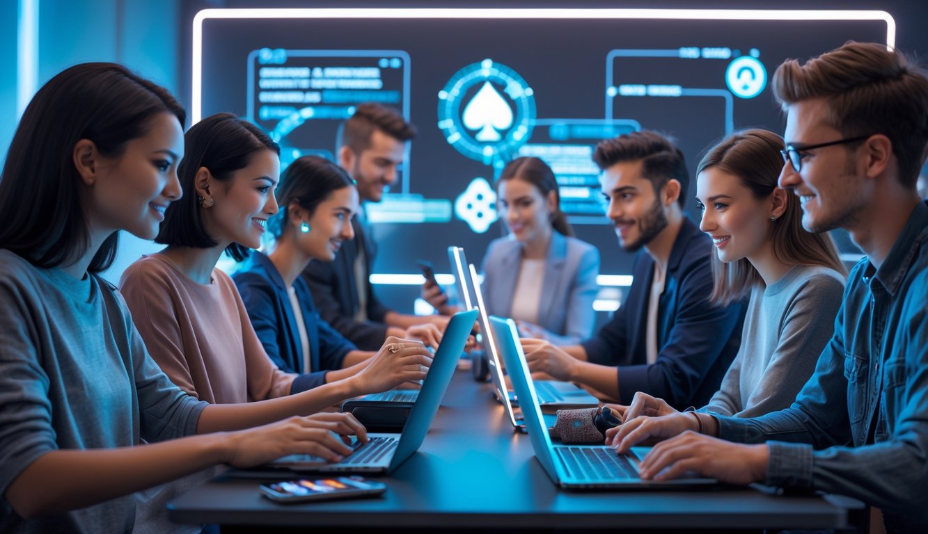 Sekelompok orang muda bermain permainan kartu online di ruangan modern dengan perangkat digital dan simbol keamanan di latar belakang.