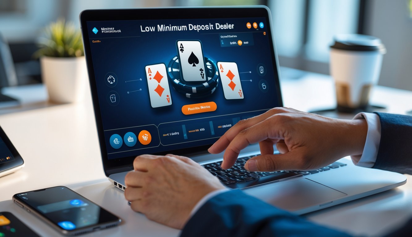 Seseorang menggunakan laptop dengan permainan kartu digital di layar, di meja kerja yang rapi dengan ponsel dan cangkir kopi.