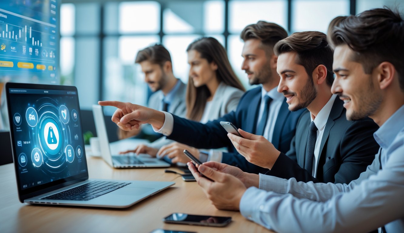 Sekelompok profesional muda menggunakan laptop dan ponsel di kantor modern, menunjukkan aktivitas transaksi online dengan suasana percaya dan fokus.