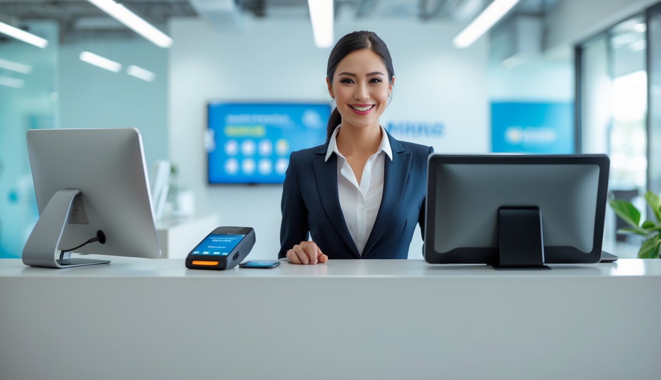 Seorang petugas layanan pelanggan yang ramah di balik meja dengan komputer dan perangkat pembayaran digital di kantor yang bersih dan terang.