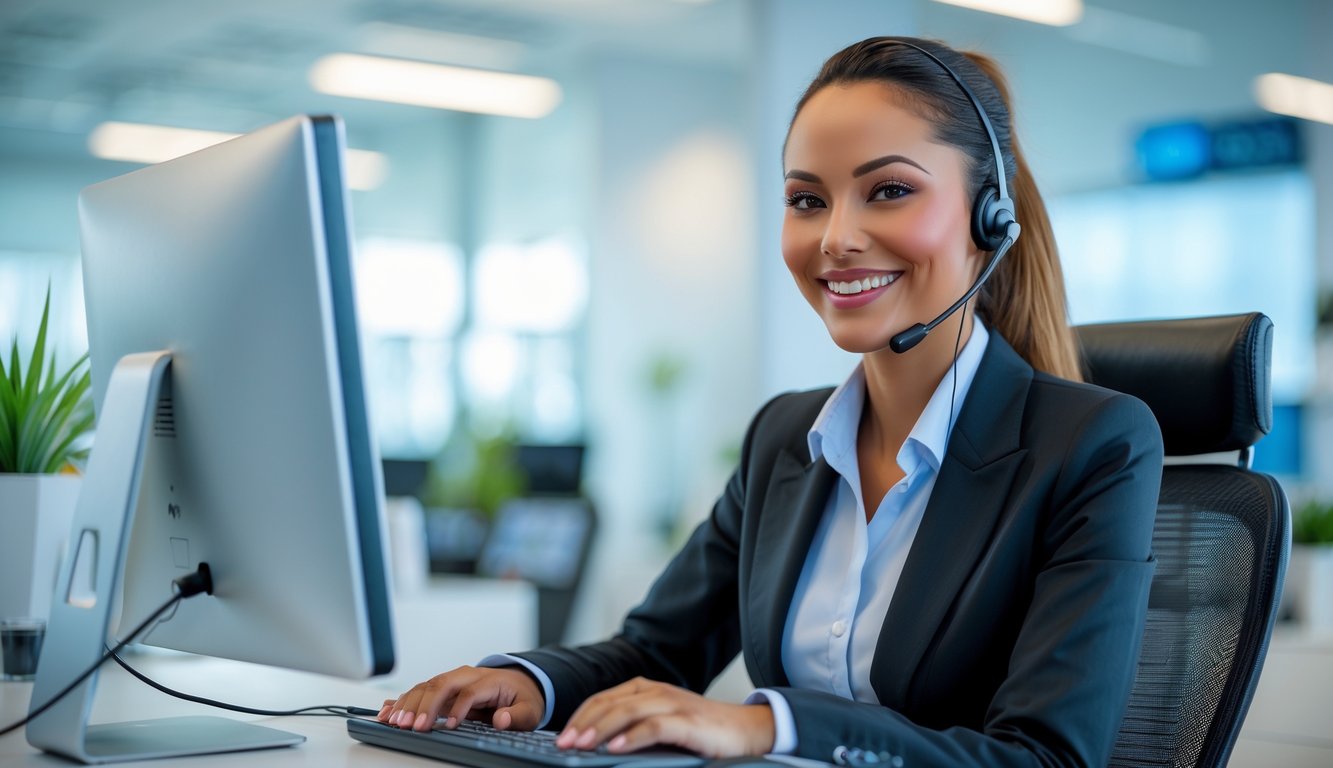 Seorang agen layanan pelanggan yang ramah dan profesional duduk di meja kantor modern dengan komputer dan headset siap membantu.