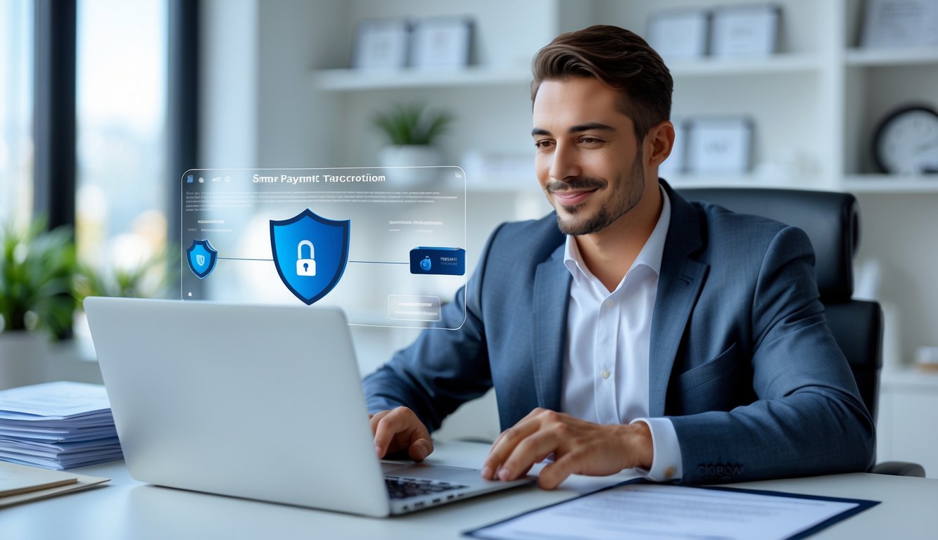 Seorang profesional duduk di meja kantor modern menggunakan laptop dan smartphone untuk melakukan pembayaran online dengan aman.