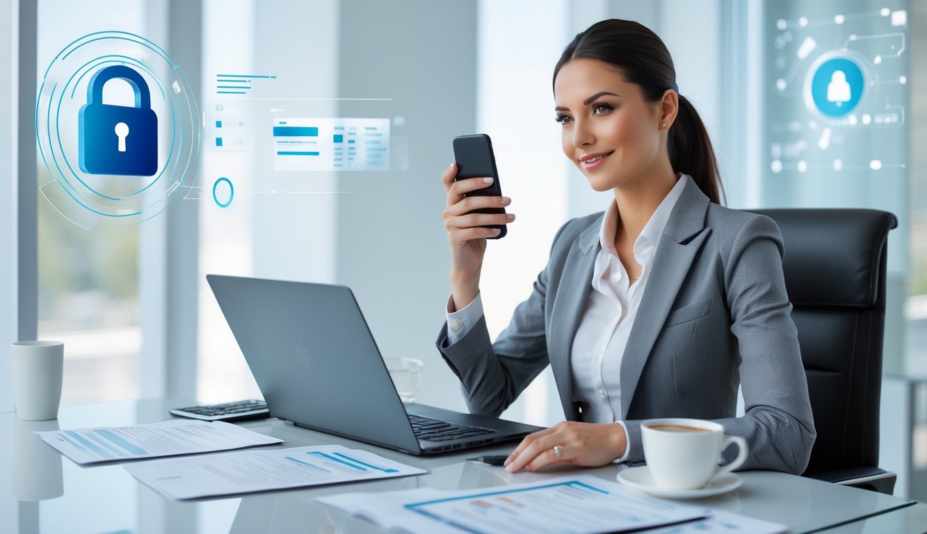 Seorang wanita bisnis duduk di meja kantor modern menggunakan laptop dan ponsel, dengan dokumen dan kalkulator di meja, menunjukkan aktivitas transaksi online yang aman dan terpercaya.