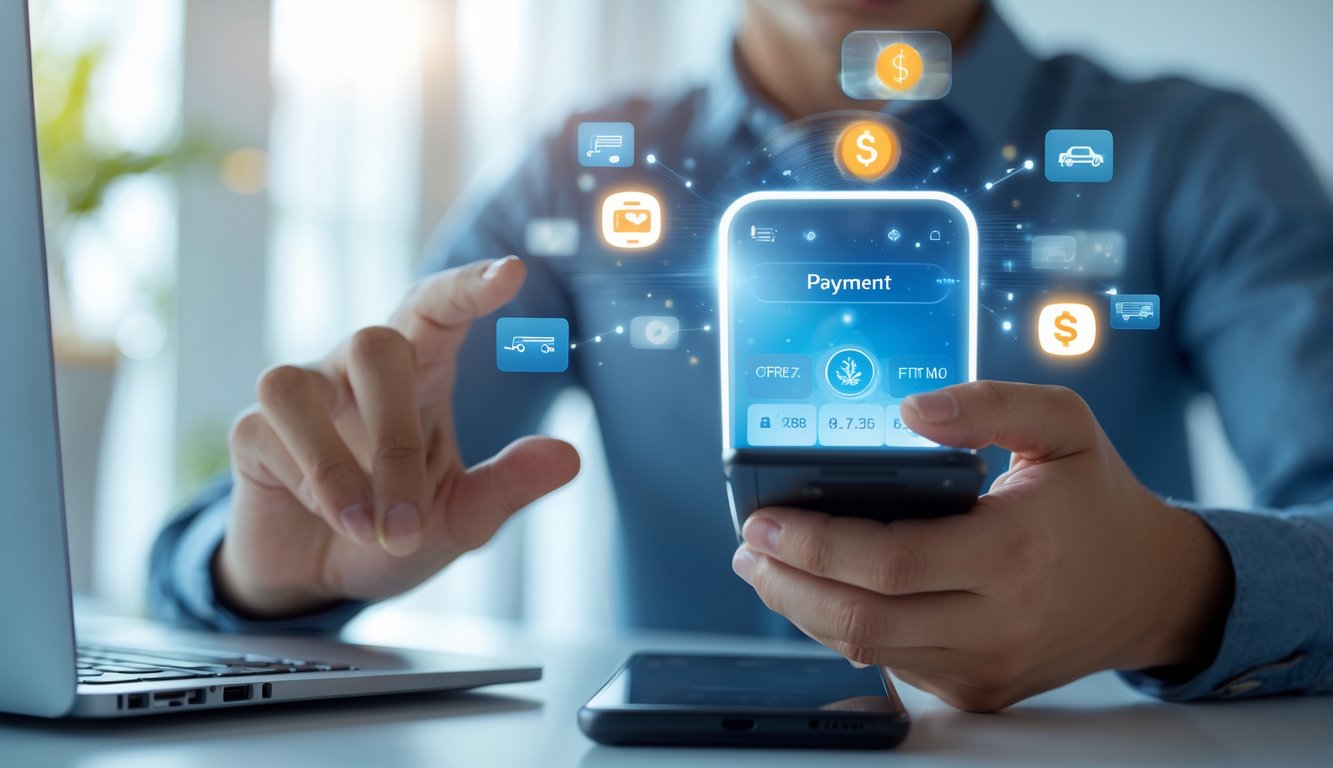 Seseorang menggunakan ponsel untuk melakukan pembayaran online dengan latar belakang ruangan yang bersih dan pencahayaan alami.