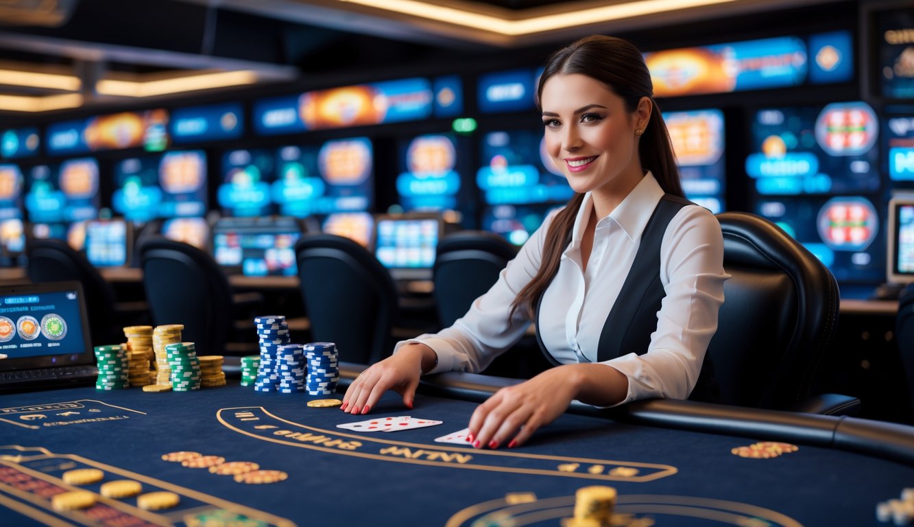 Seorang dealer langsung yang ramah sedang duduk di meja permainan kasino dengan kartu dan chip, dikelilingi oleh layar digital yang menampilkan grafik kasino.
