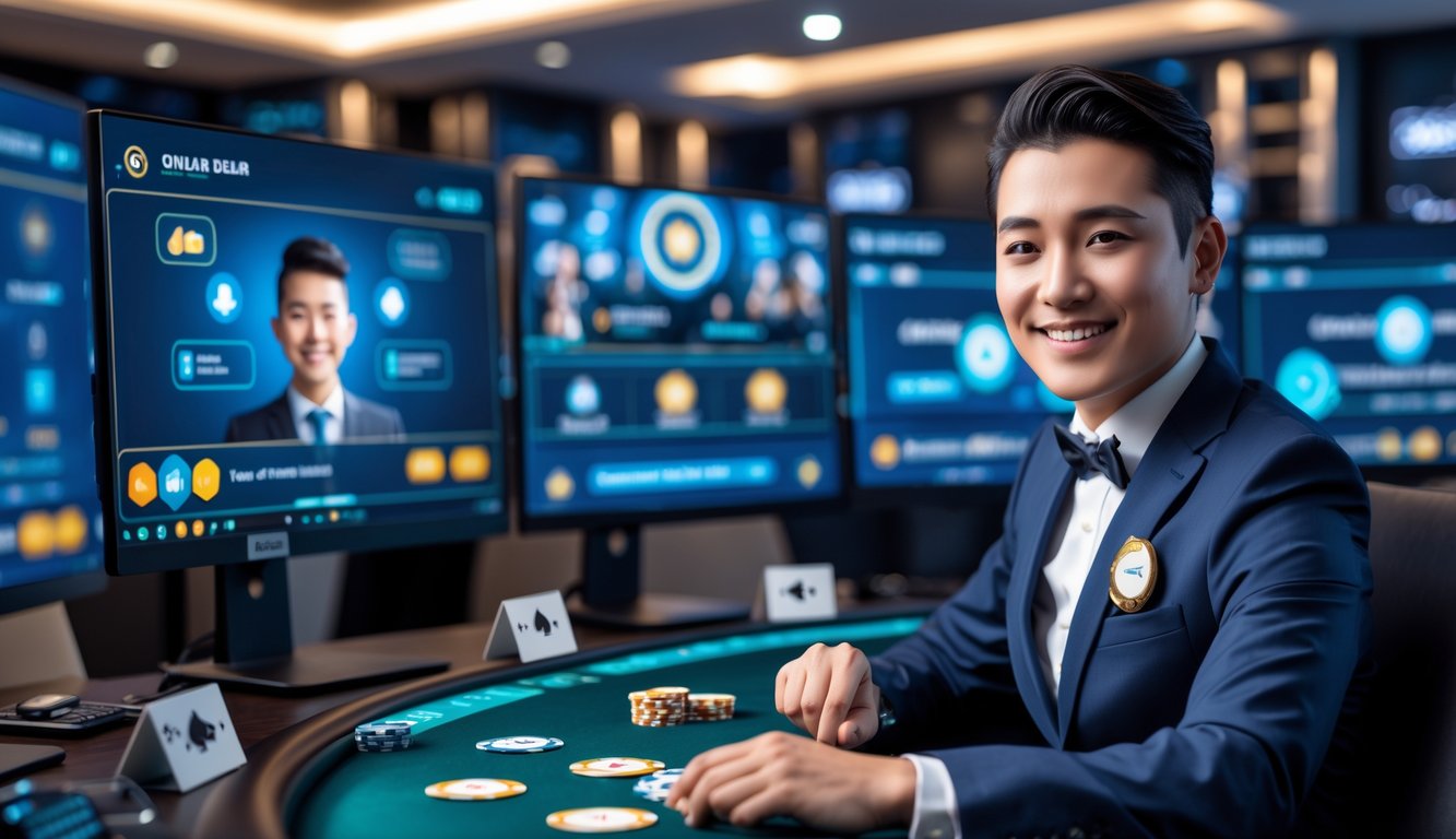 Seorang dealer profesional sedang mengelola permainan kartu online dengan beberapa layar komputer di sekitarnya dan simbol pembayaran digital.