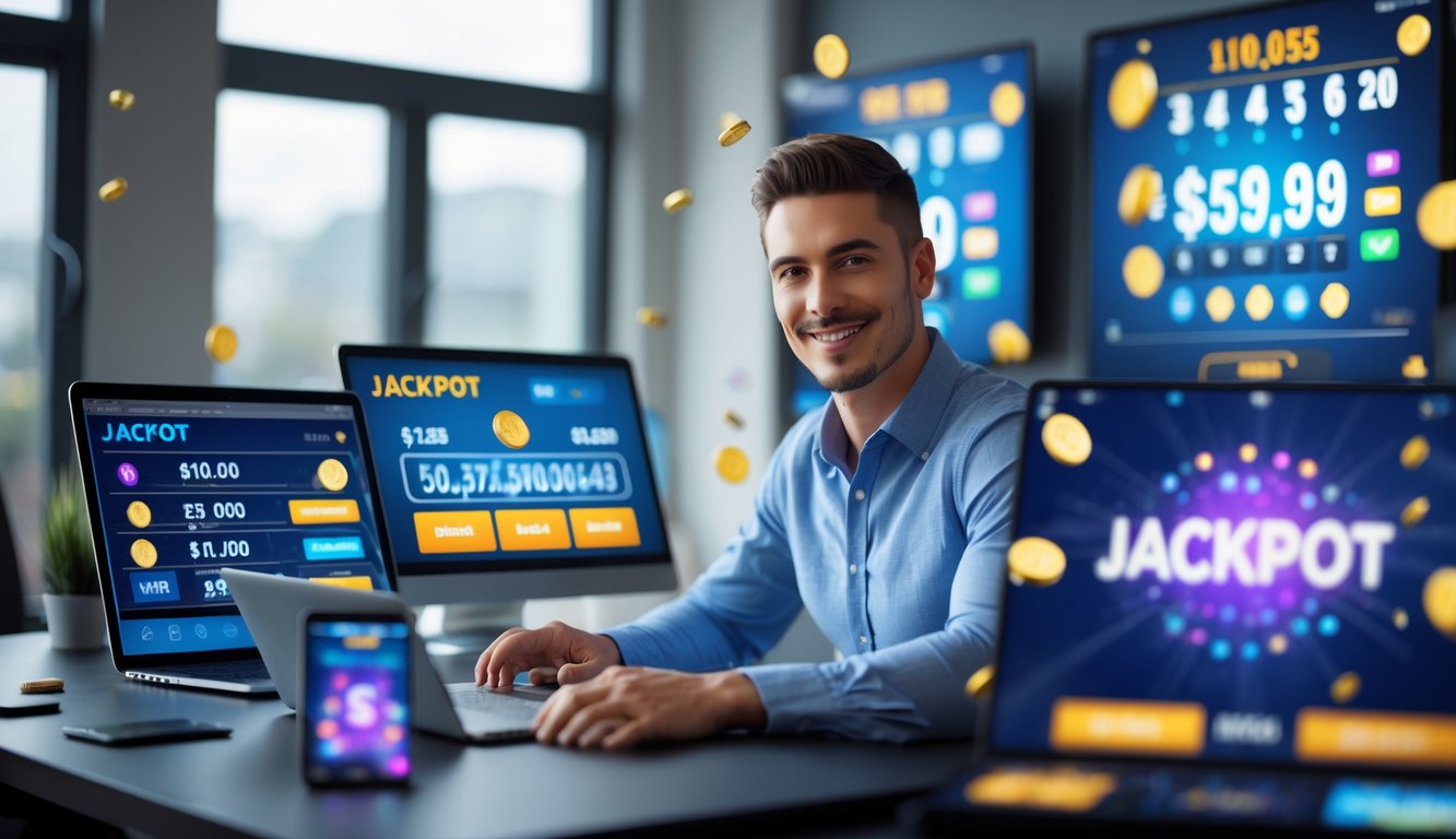 Seorang pria muda duduk di meja dengan laptop dan ponsel yang menampilkan permainan dan jackpot online, di ruangan modern yang terang.