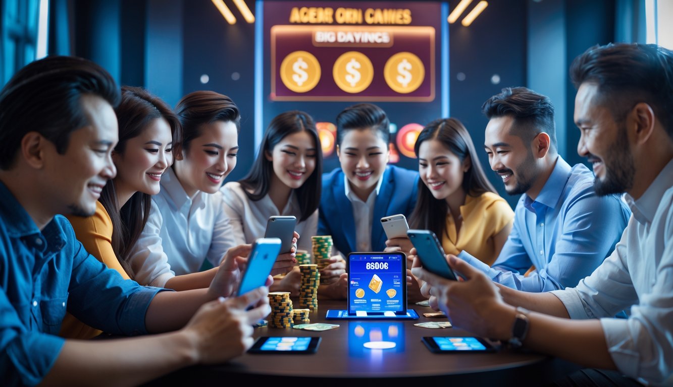 Sekelompok orang dewasa sedang bermain permainan kartu online di perangkat digital dengan tampilan jackpot besar di latar belakang.