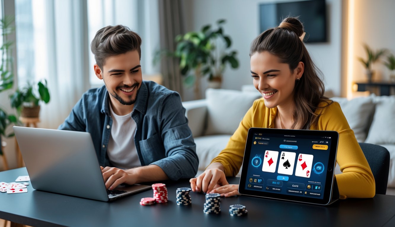 Dua orang muda bermain kartu online di meja dengan laptop dan tablet di ruang tamu yang nyaman.
