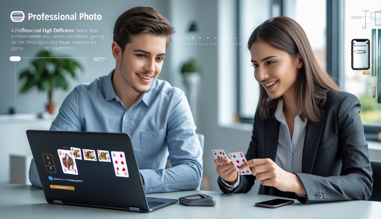 Dua orang muda sedang bermain permainan kartu online menggunakan laptop dan ponsel di meja dengan ekspresi fokus.