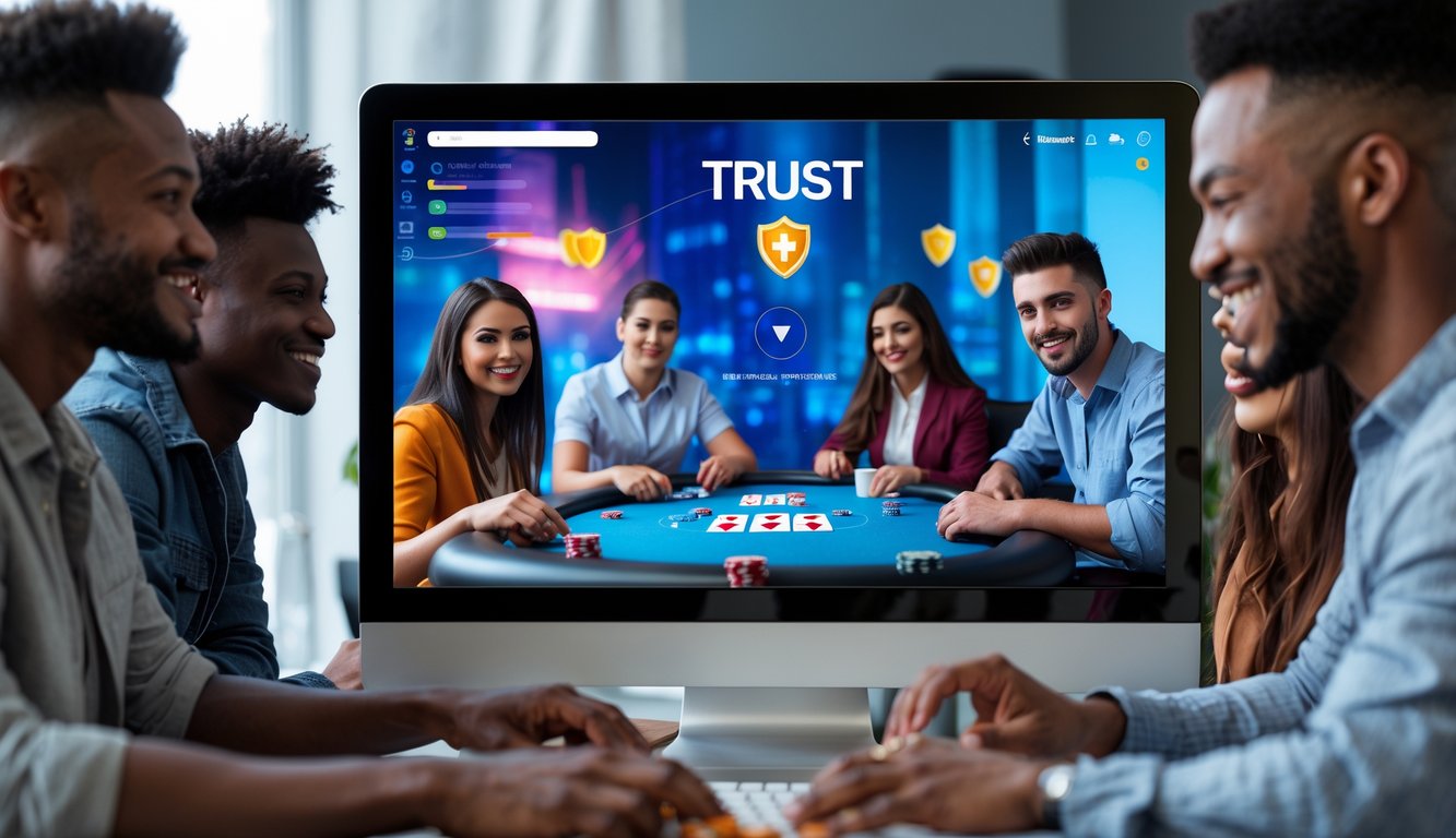 Sekelompok orang muda bermain poker online di depan komputer di ruangan modern dengan suasana percaya dan cepat.