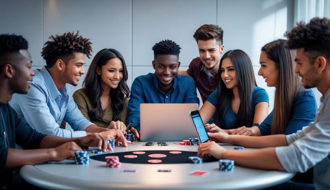 Sekelompok orang muda sedang bermain poker online bersama di meja dengan perangkat digital di ruangan yang terang dan modern.