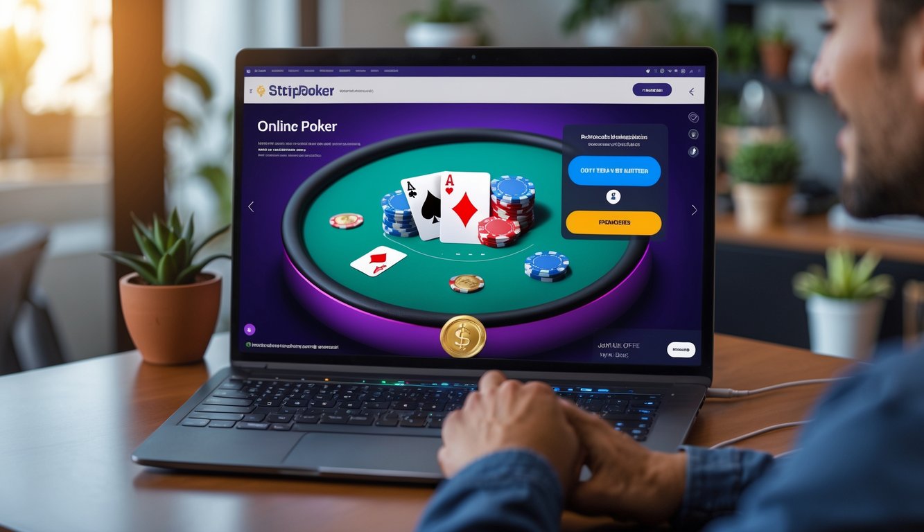 Seseorang menggunakan komputer dengan tampilan permainan poker online di layar di ruang tamu yang nyaman.