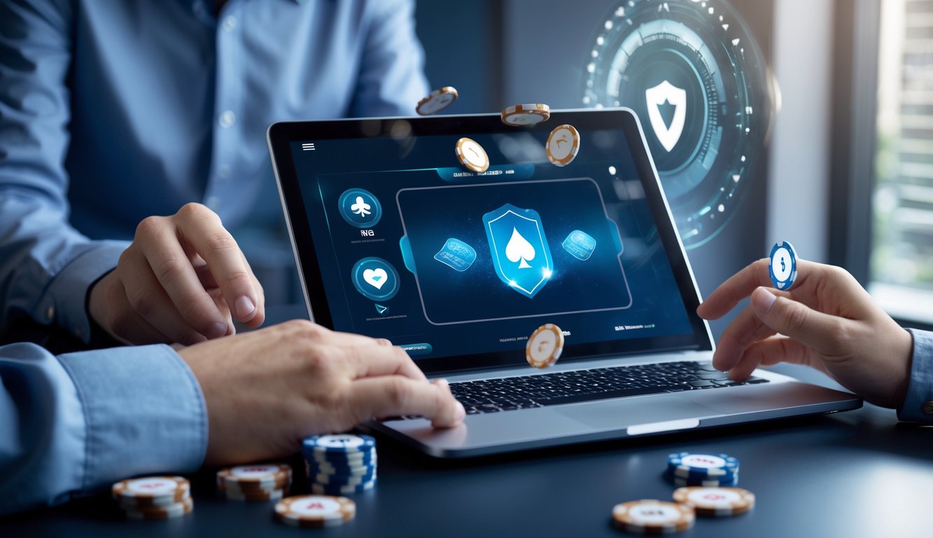 Seorang pemain menggunakan laptop untuk bermain poker online dengan chip dan kartu terlihat di layar, menunjukkan suasana aman dan mudah dalam transaksi 24 jam.