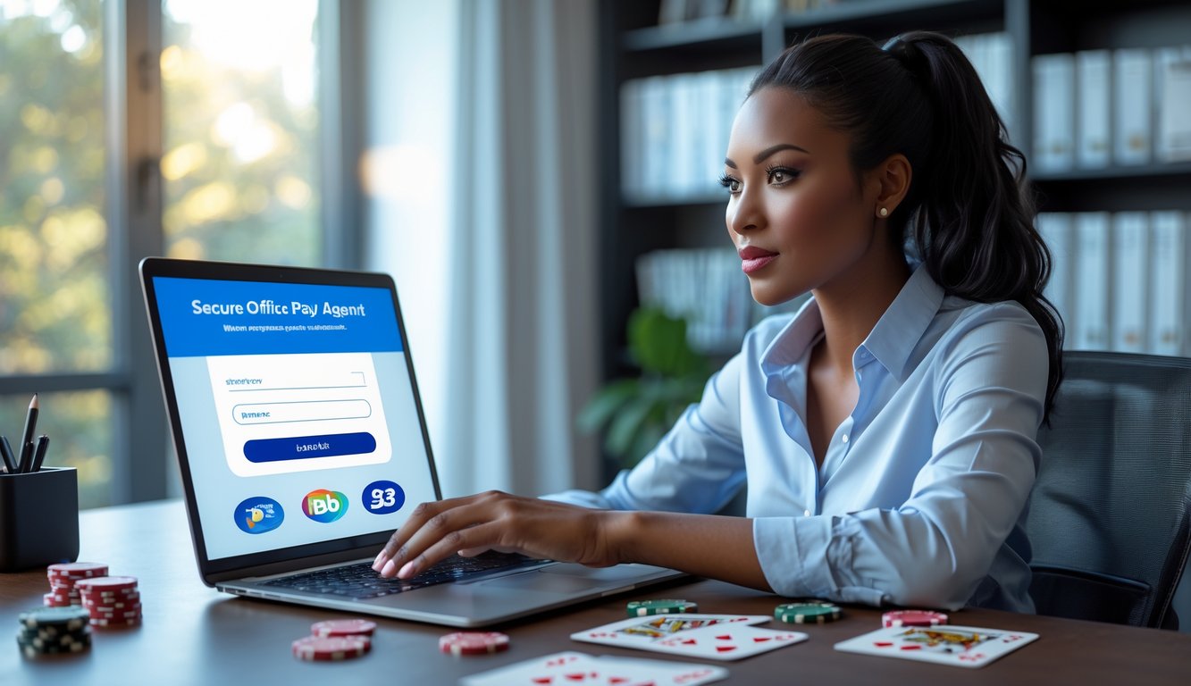 Seorang wanita muda duduk di depan laptop di ruang kerja rumah yang terang, dengan kartu remi dan chip poker di atas meja.