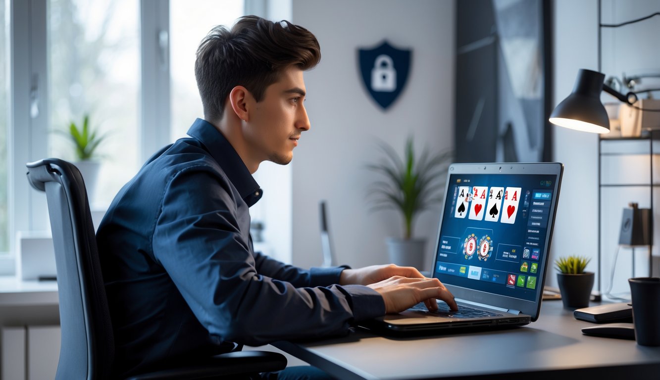 Seorang dewasa muda duduk di meja dengan laptop yang menampilkan permainan poker online, di ruangan kantor rumah yang rapi dan terang.