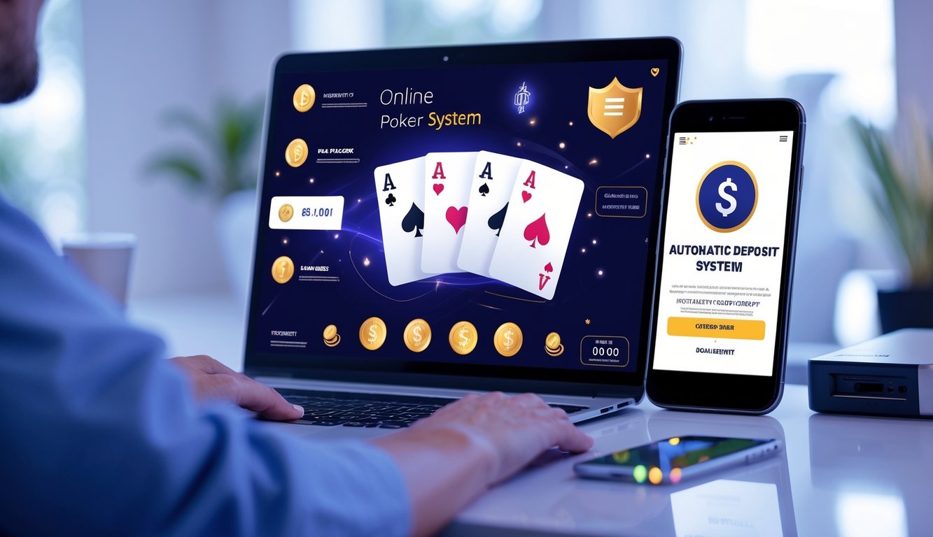 Seseorang menggunakan laptop dan smartphone untuk bermain poker online dengan sistem deposit otomatis yang aman dan cepat.