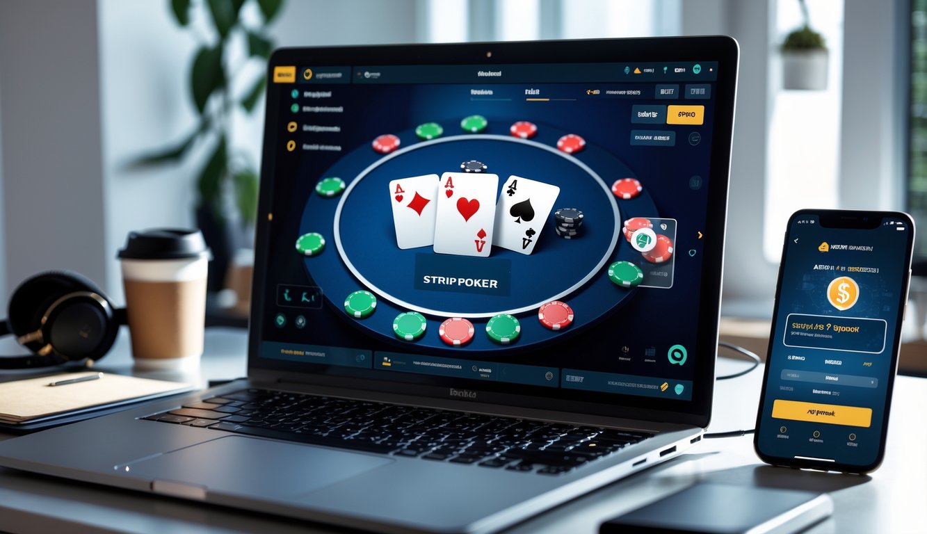 Seseorang menggunakan laptop dan smartphone untuk bermain poker online dengan sistem pembayaran otomatis di ruang kerja yang rapi.