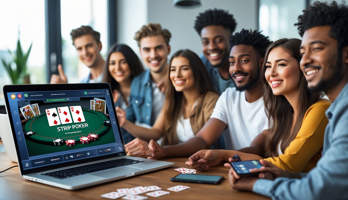 Sekelompok orang muda bermain poker online di depan komputer dengan suasana santai dan peralatan pembayaran digital di meja.