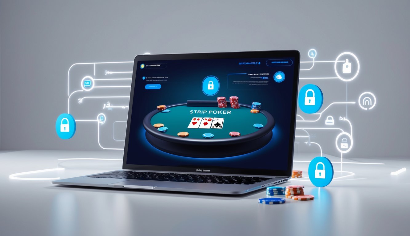 Sebuah layar komputer menampilkan meja poker digital dengan kartu dan chip poker, dikelilingi ikon pembayaran online yang aman.