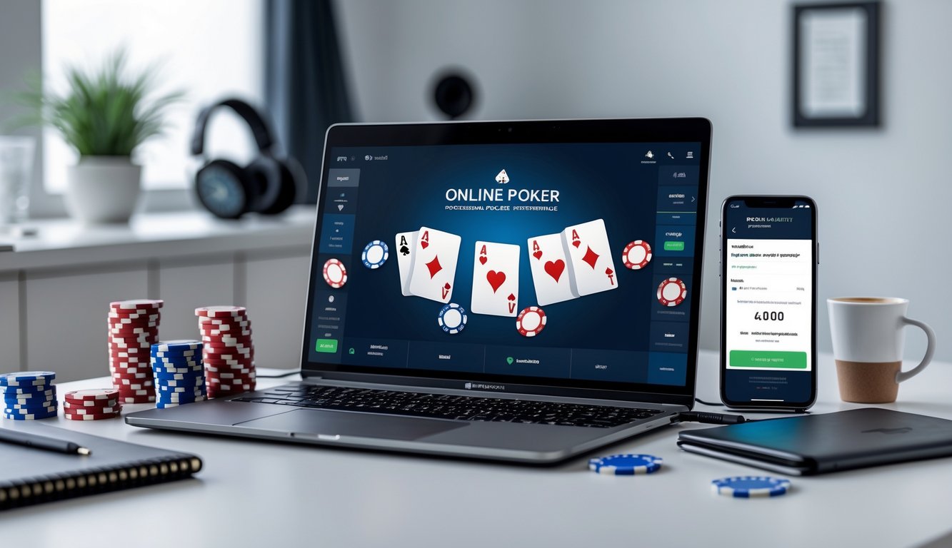 Seseorang bermain poker online di depan komputer dengan chip poker dan kartu di meja, serta ponsel yang menunjukkan pembayaran online.