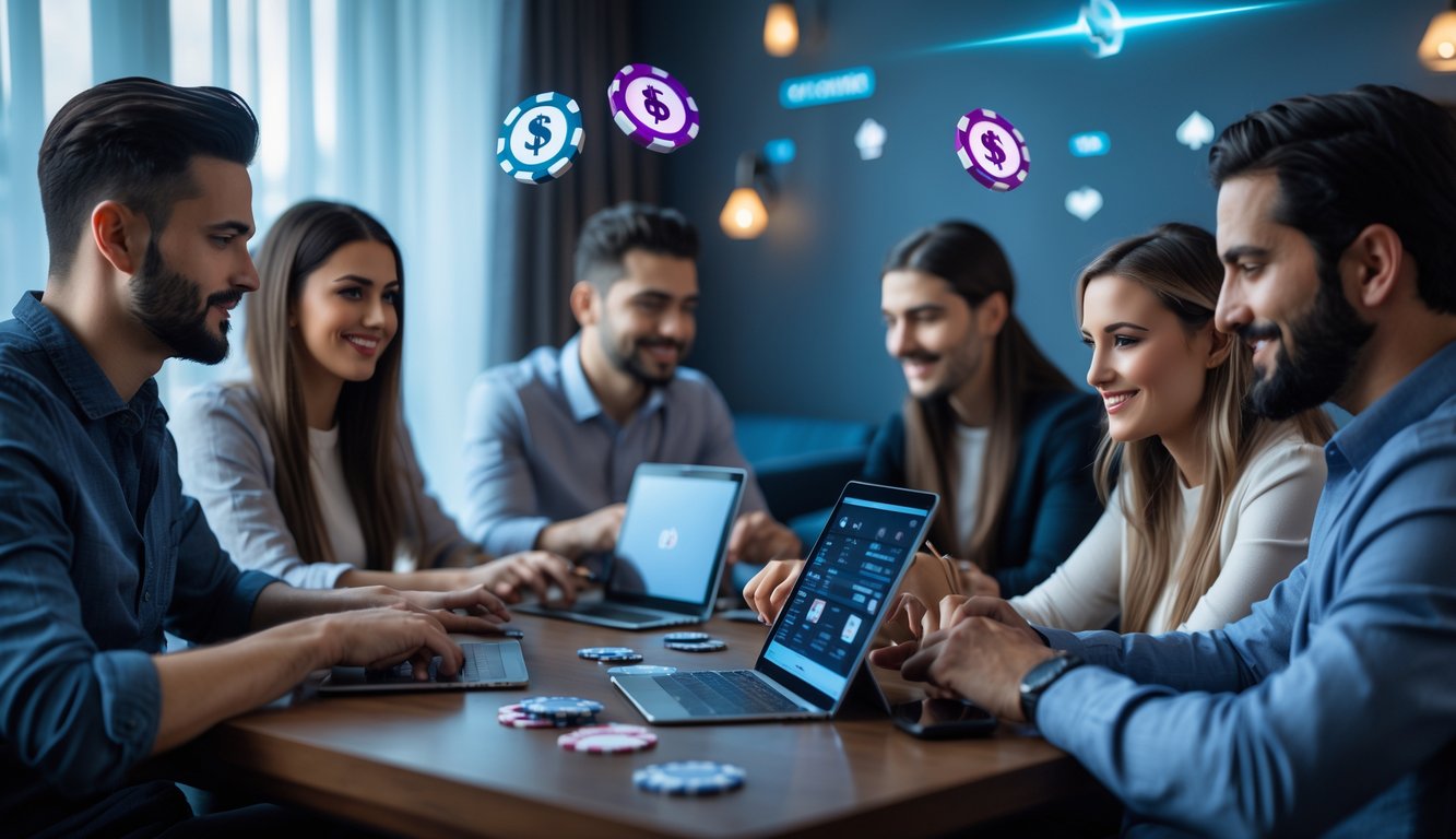 Sekelompok pemain poker online sedang bermain bersama menggunakan laptop dan tablet di ruangan yang nyaman.