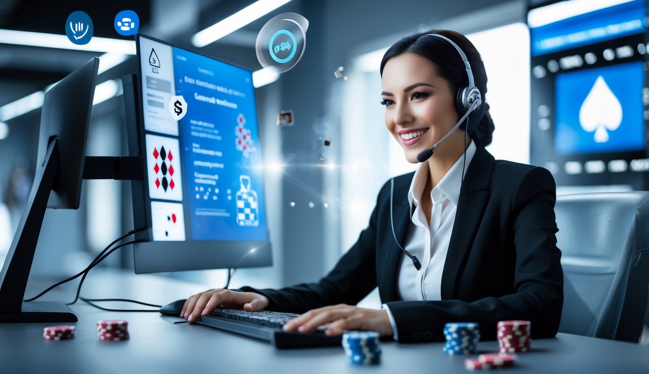 Seorang perwakilan layanan pelanggan dengan headset sedang bekerja di depan komputer di ruang kerja modern.