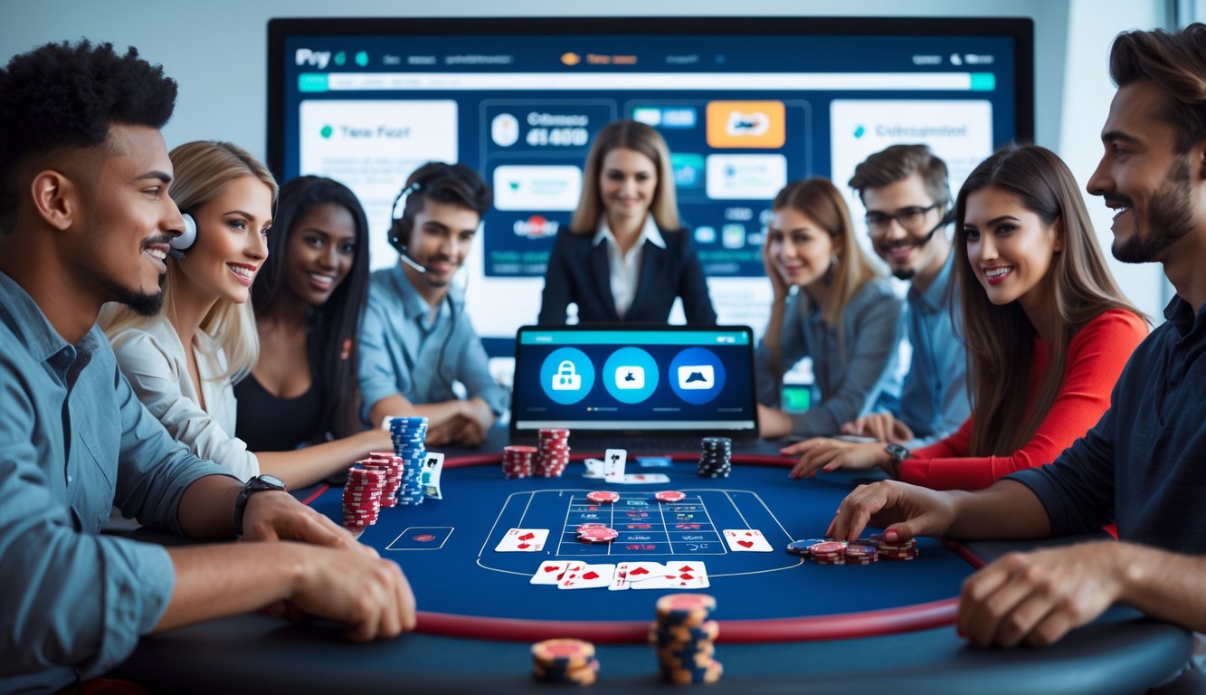 Sekelompok orang muda bermain poker online di depan layar komputer dengan seorang petugas layanan pelanggan yang memakai headset membantu dari belakang.