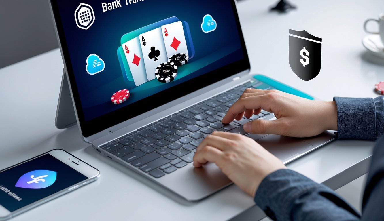 Seseorang menggunakan komputer dengan tampilan permainan poker online dan simbol metode pembayaran digital di sekitar perangkat.