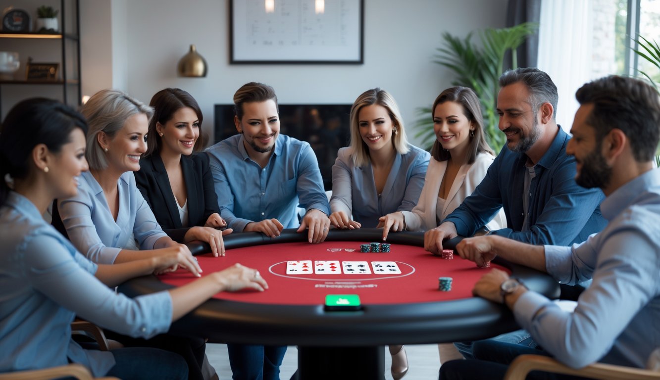 Beberapa orang dewasa bermain poker online di sekitar meja digital dengan perangkat elektronik di ruangan yang nyaman dan modern.