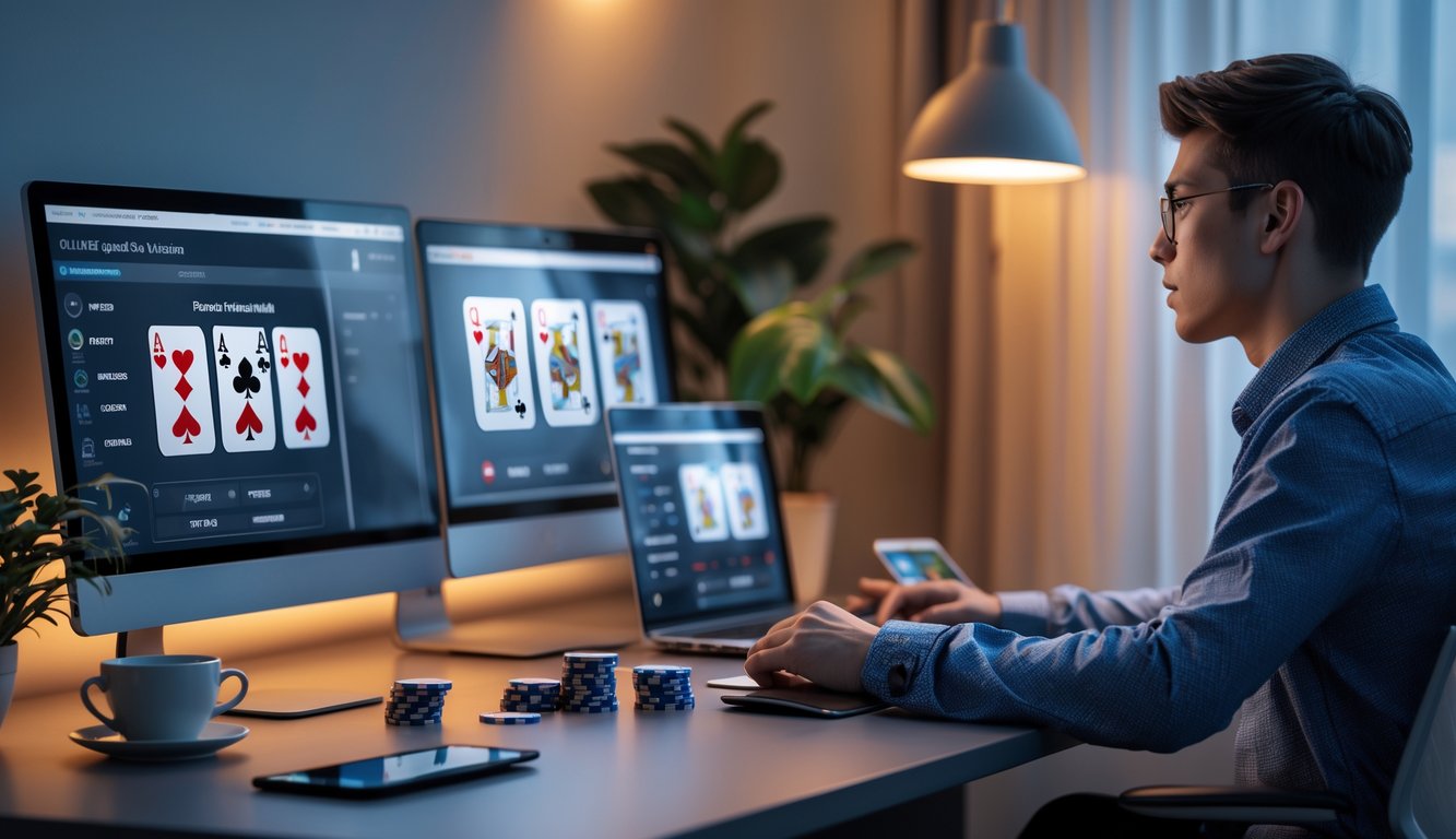 Seorang pria muda duduk di meja kerja dengan laptop dan smartphone, dikelilingi chip poker dan kartu bermain, tampak fokus dan berpikir keras.