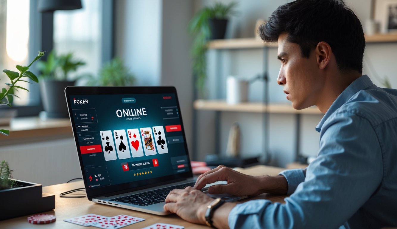 Seorang dewasa muda fokus bermain poker online di laptop di ruang kerja rumah yang nyaman dengan tumpukan chip poker dan kartu di meja.