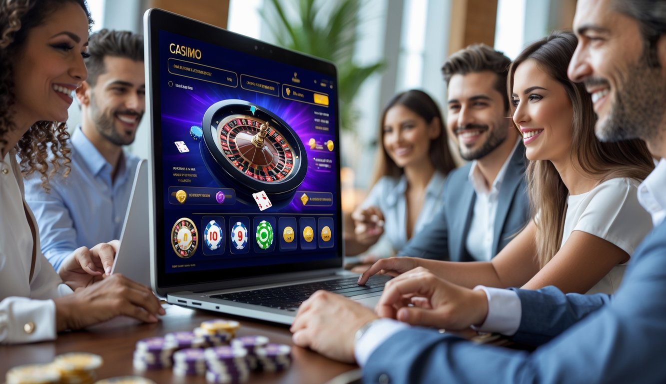 Orang-orang bermain kasino online di depan komputer dengan suasana yang cerah dan teknologi modern.