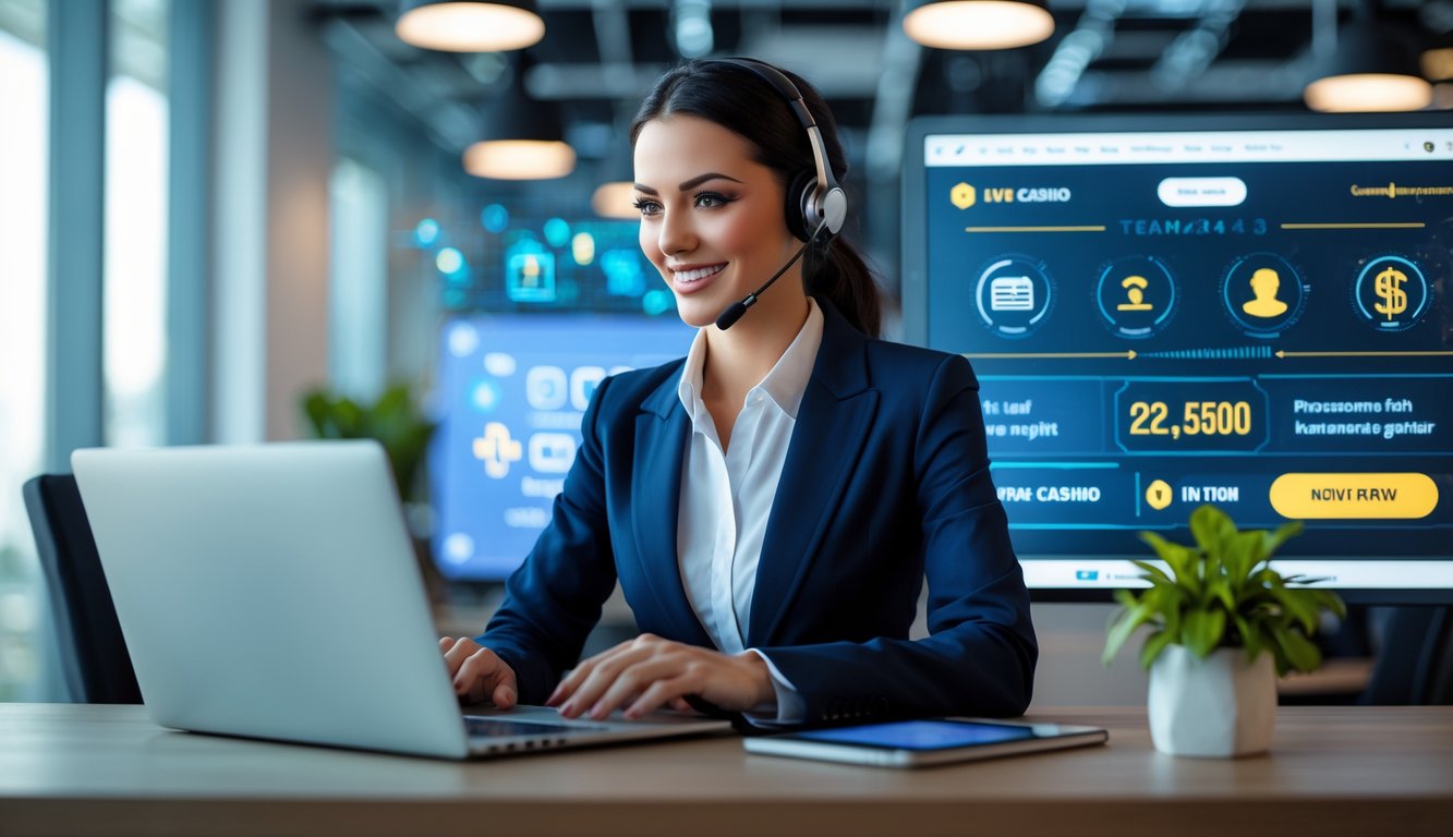 Seorang agen layanan pelanggan profesional sedang bekerja dengan laptop dan headset di kantor modern yang menunjukkan proses penarikan dana online yang cepat dan aman.