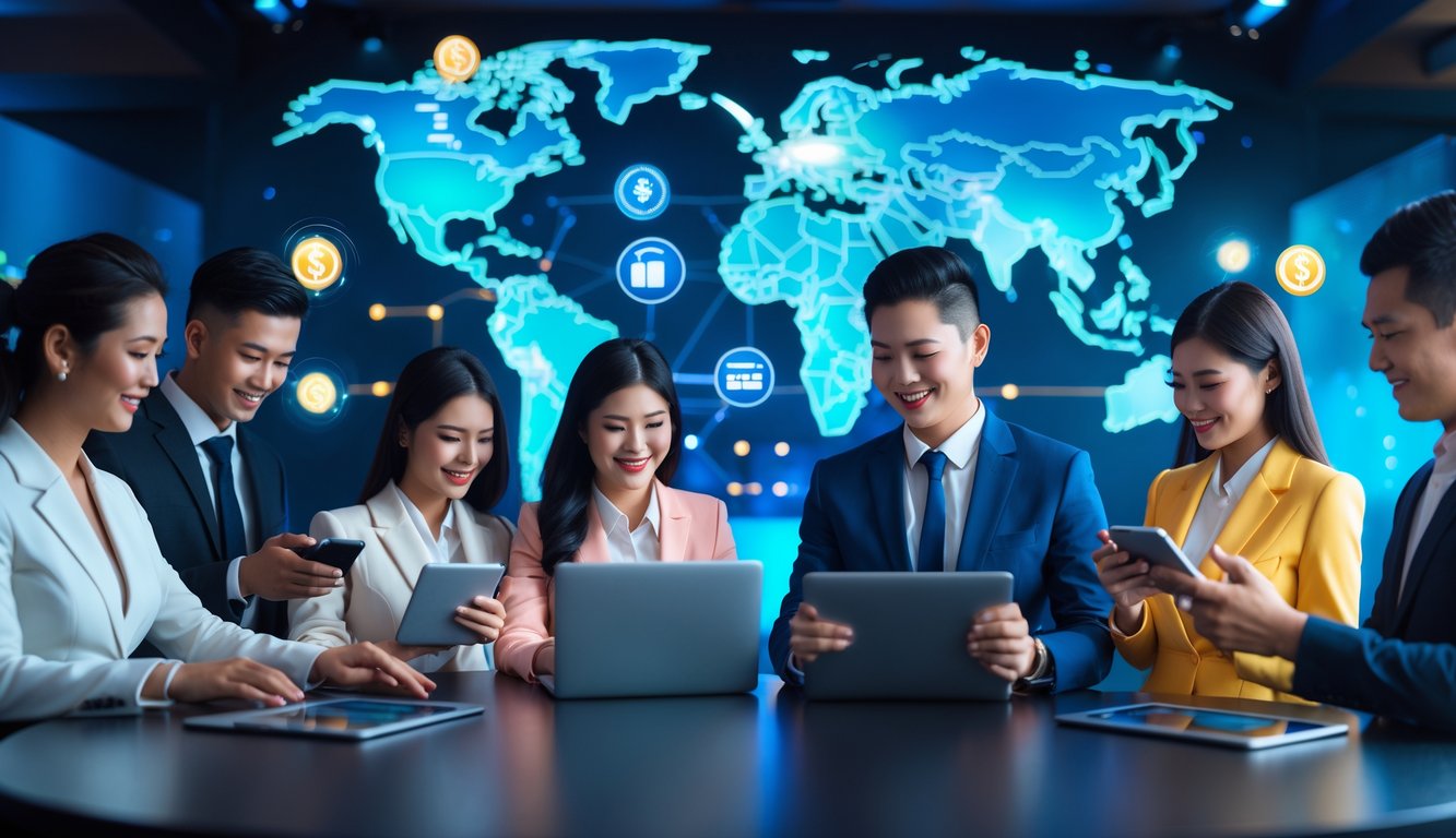 Orang-orang profesional menggunakan perangkat digital dalam suasana kasino online yang modern dan terpercaya dengan latar peta Indonesia.