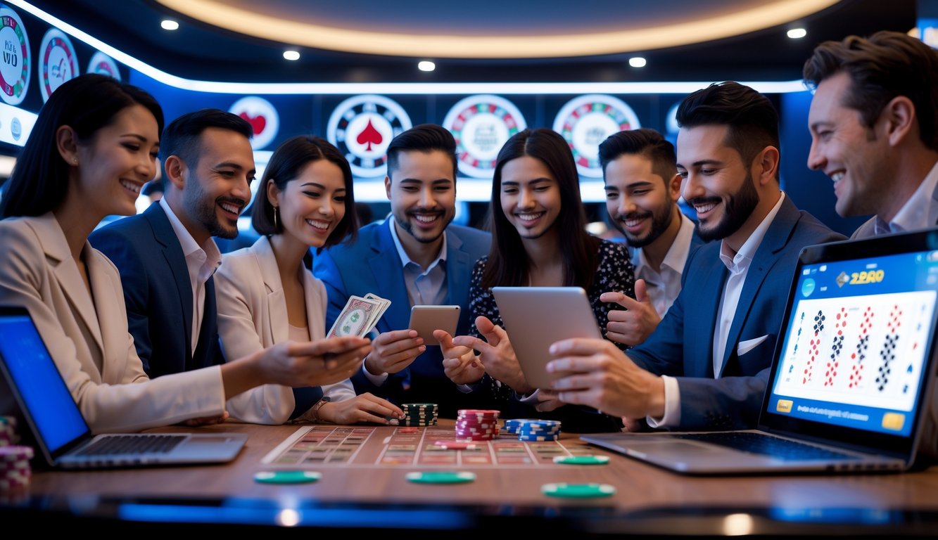 Sekelompok orang dewasa menggunakan perangkat digital dengan latar belakang elemen kasino seperti kartu dan chip, menunjukkan suasana menyenangkan dan mudah dalam bermain kasino online.